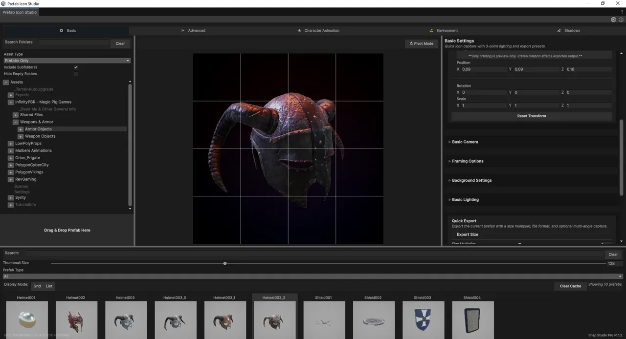 The Snap Studio Pro window on the Basic tab. A horned helmet prefab sits framed in the centre preview with a composition grid over it, a project folder tree and prefab browser on the left, and Basic Settings on the right showing transform, camera, framing, background, lighting and Quick Export sections.