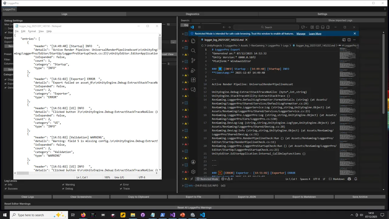 The same log session exported three ways at once — the LoggerPro console behind, a JSON export open in Notepad showing structured entries with header, details, category, type and repeat count, and a Markdown export open in VS Code with timestamps, stack traces and resolved source paths.