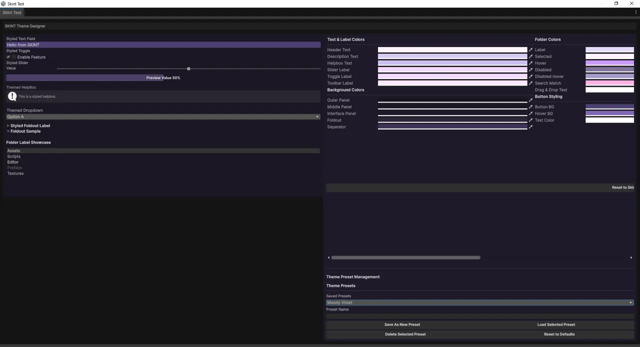 The same designer window with the Moody Violet preset loaded — deep purple panels, lilac labels and a pink highlight colour.