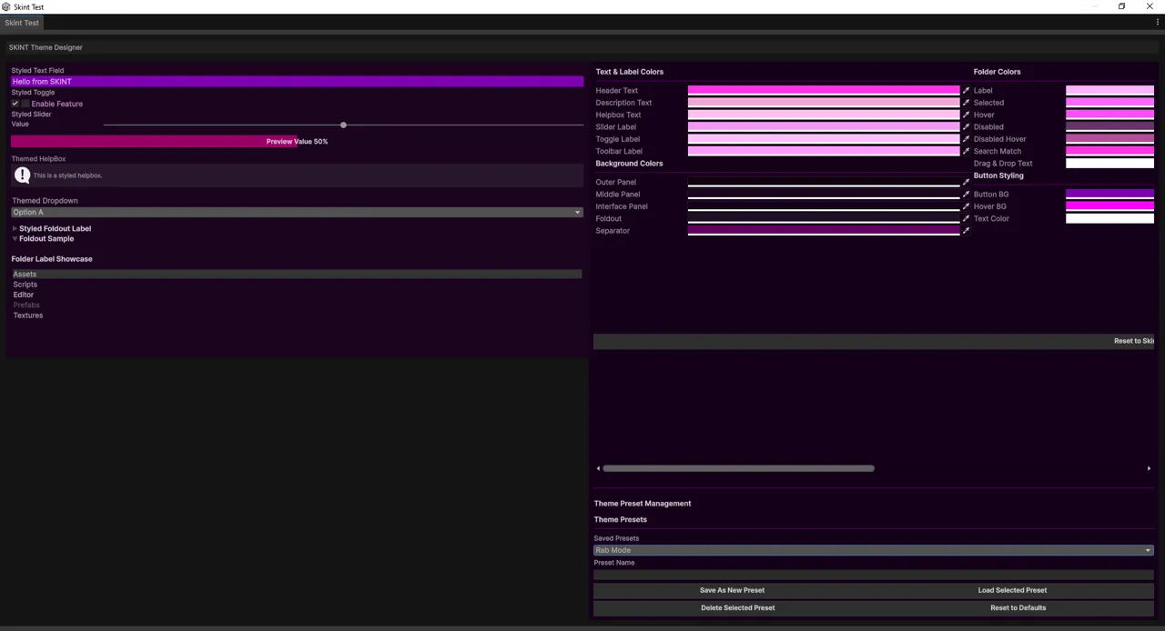 The same designer window with the Rab Mode preset loaded — near-black panels with saturated magenta text, controls and accents throughout.