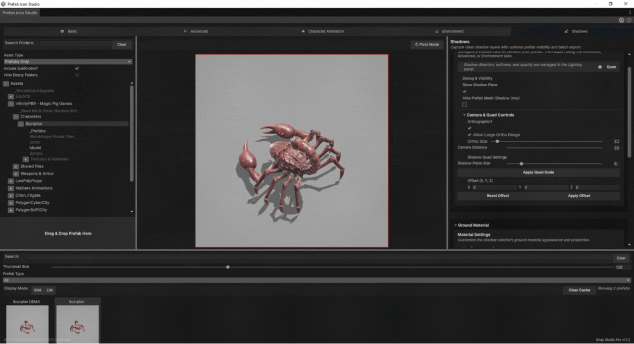 An animation cycling through shadow export options in Snap Studio Pro, showing a transparent ground shadow generated with and without the prefab visible.